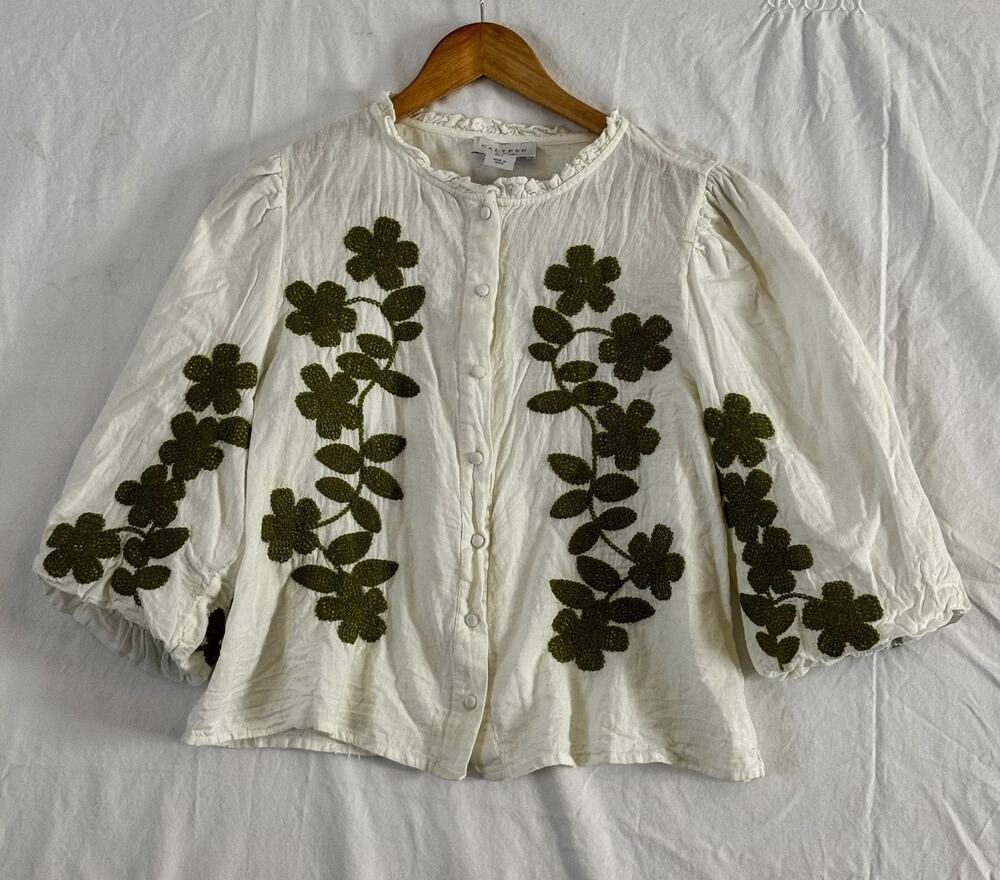 Calypso St Barth Women’s Floral Embroidered Button Front Top White Green Size L